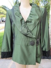 Kasper Green Satin Embellished Blazer Jacket Beaded Cuffs Rhinestone Brootch