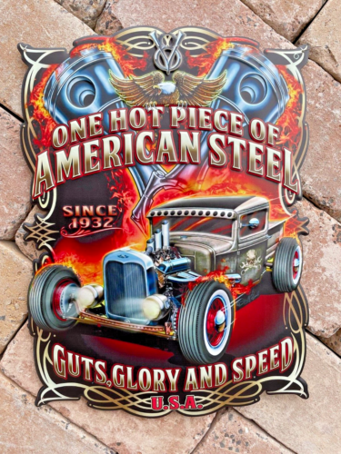 Tin Sign American Steel Hot Rod 48 cm Decorative USA Workshop Car Rockabilly V8 - Picture 1 of 5