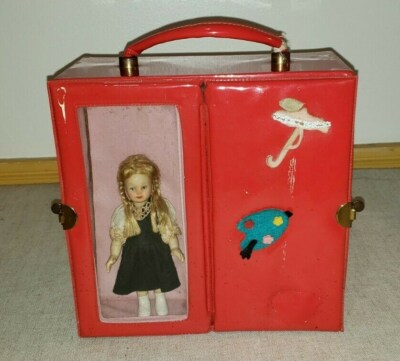 ANTIQUE RUBBER DOLL WITH BRAIDS WESTERN GERMANY VINYL CASE 1950'S HANGERS MORE