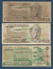 Guatemala 1/2 & 1 Quetzal 3 pcs Lot, 1975 1983, P 58b 58c 59c, VG / VF- / VF