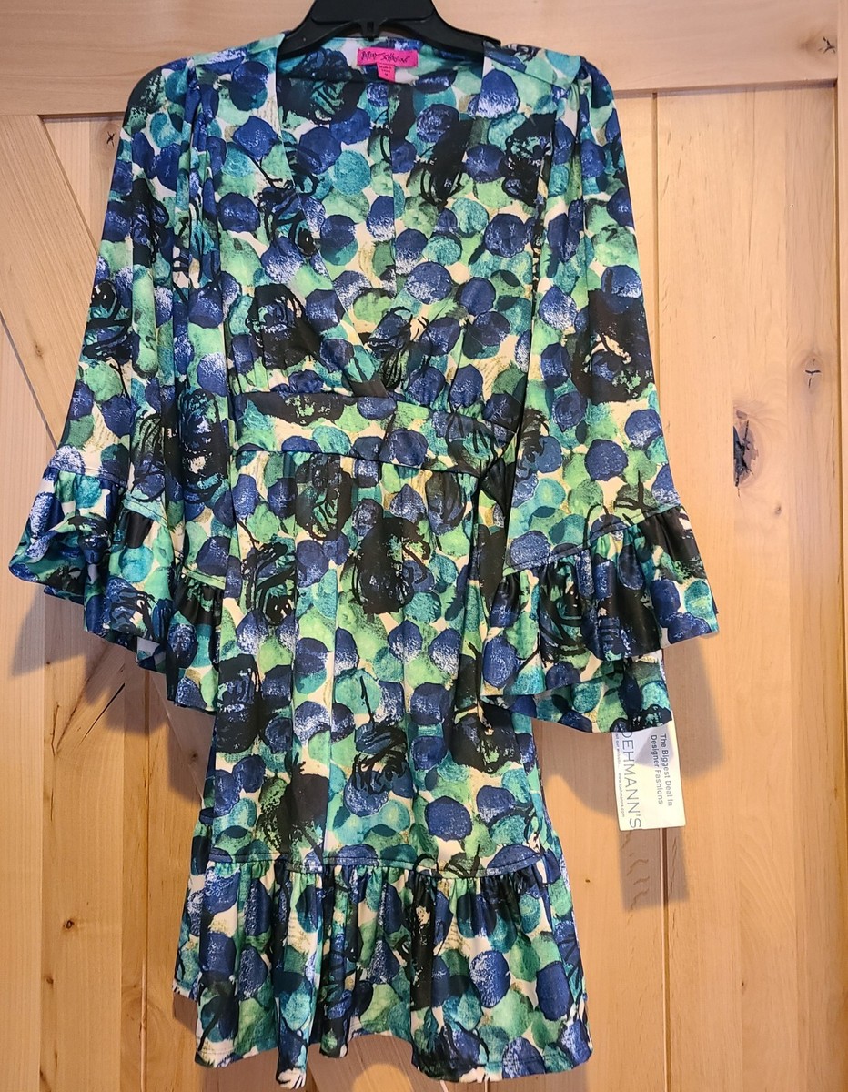 New! Betsey Johnson Dress Size M Blue Berry Green Kimono Bell Sleeve Faux Wrap