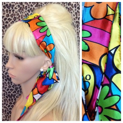 Flower Power Satin Hair Scarf Headband Self Tie Bow 60s 70s Retro