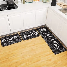 3 Pcs Kitchen Rug Set Non Skid Thick Black Kitchen Rugs and Mats Stain Resistant