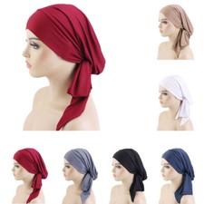 Women Stretch Long Tail Pre-Tied Cap Head Wrap Cover Bonnet Turban Hat Beanie