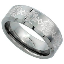 8mm Tungsten Wedding Band Ring Etched Floral Pattern, Beveled Edges Comfort Fit