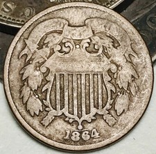 1864 Two Cent Piece 2C Civil War Date Large Motto US Copper Coin CC29071