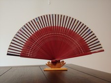 Wood Carved Folding Hand Fan Burgundy Red New