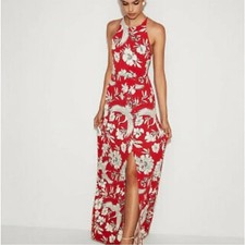 NWT Express Halter Maxi Dress XS Red White Crane Floral Side Slit Tie Back
