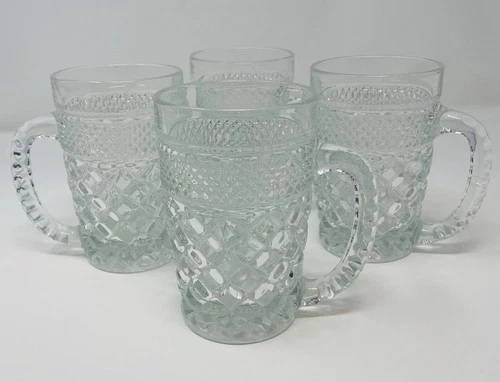 Vtg Anchor Hocking Wexford Clear Glass Mug 4 Piece Set Handled 5 in Tall 14 oz