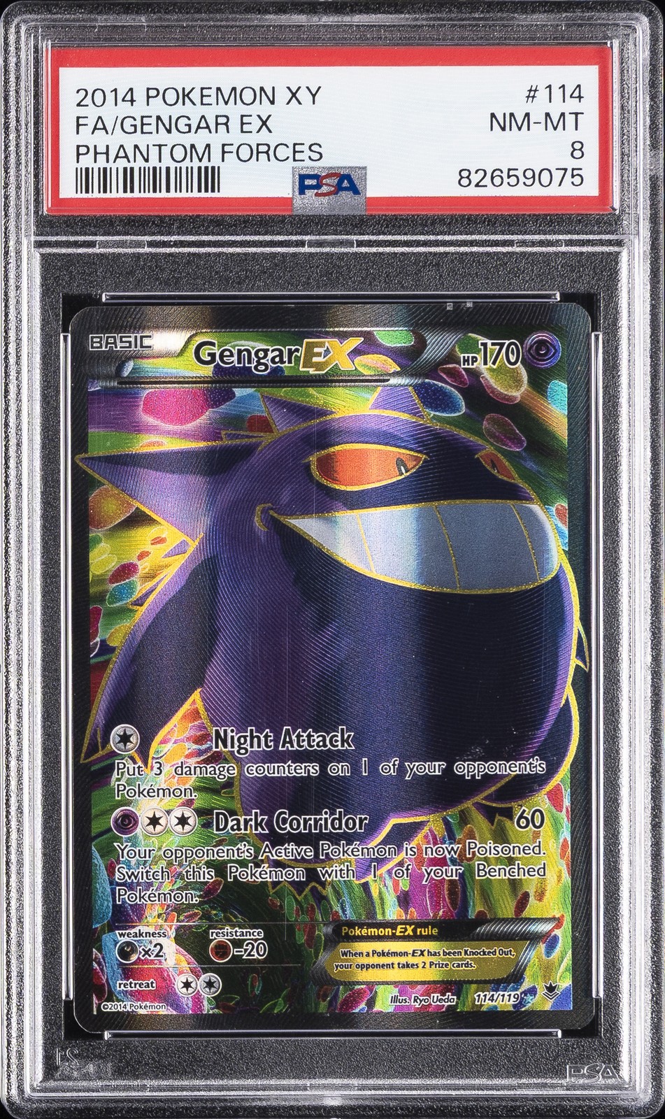 2014 POKEMON XY PHANTOM FORCES #114 FULL ART/GENGAR EX PSA 8