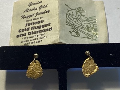 Alaska natural Gold Nugget earrings from Juneau AK with orig doc. 1.22 grams