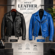 Men Genuine Leather Biker Jacket Black Blue Motorcycle Moto Rider Coat Free Ship