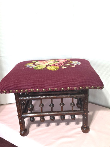 Vintage Needlepoint Floral Tapestry Footstool UNIQUE Legs Burgundy VGC