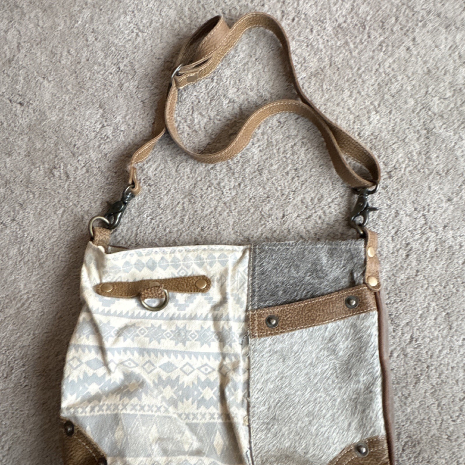 Myra Brown Gray Patchwork Shoulder Bag Geometric … - image 1