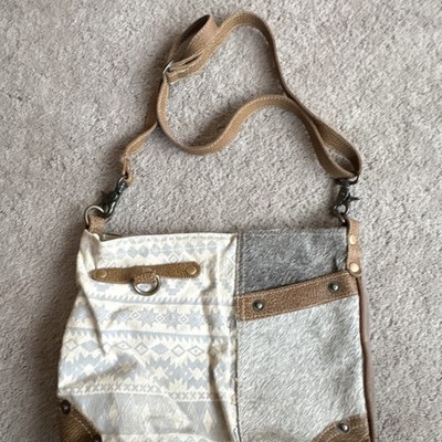 Myra Brown Gray Patchwork Shoulder Bag Geometric Pattern Silver Hardware