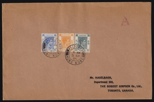 Hong Kong First Day Cover 1938 (5 AP) GVI 2c, 4c & 25c Victoria Cds To Canada