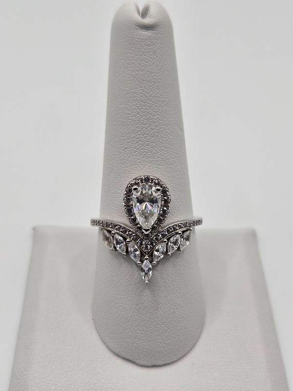 925 Sterling Silver Moissanite Pear Cut Tiara Crown Ring Solid  Size 9 Tested