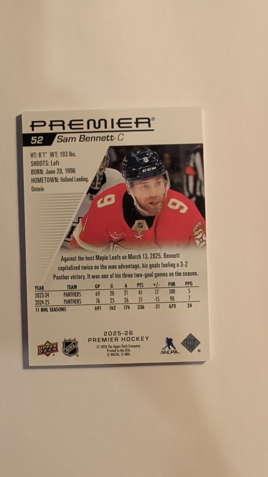 2025-26 Upper Deck Premier Sam Bennett #52 119/249 Panthers NHL