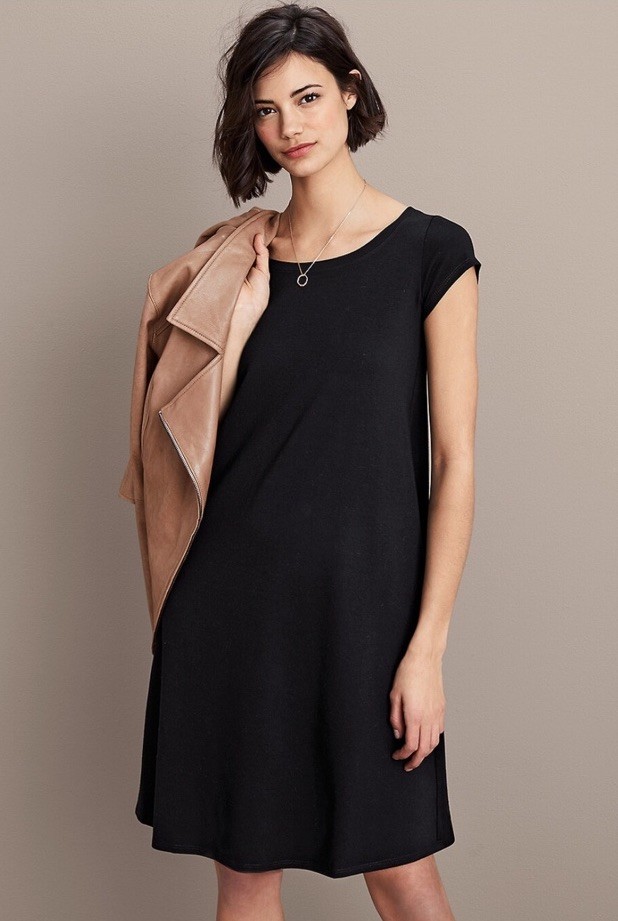 Eileen Fisher Ballet Neck Organic Cotton Black Dress XXS Cap Sleeve Minimalist