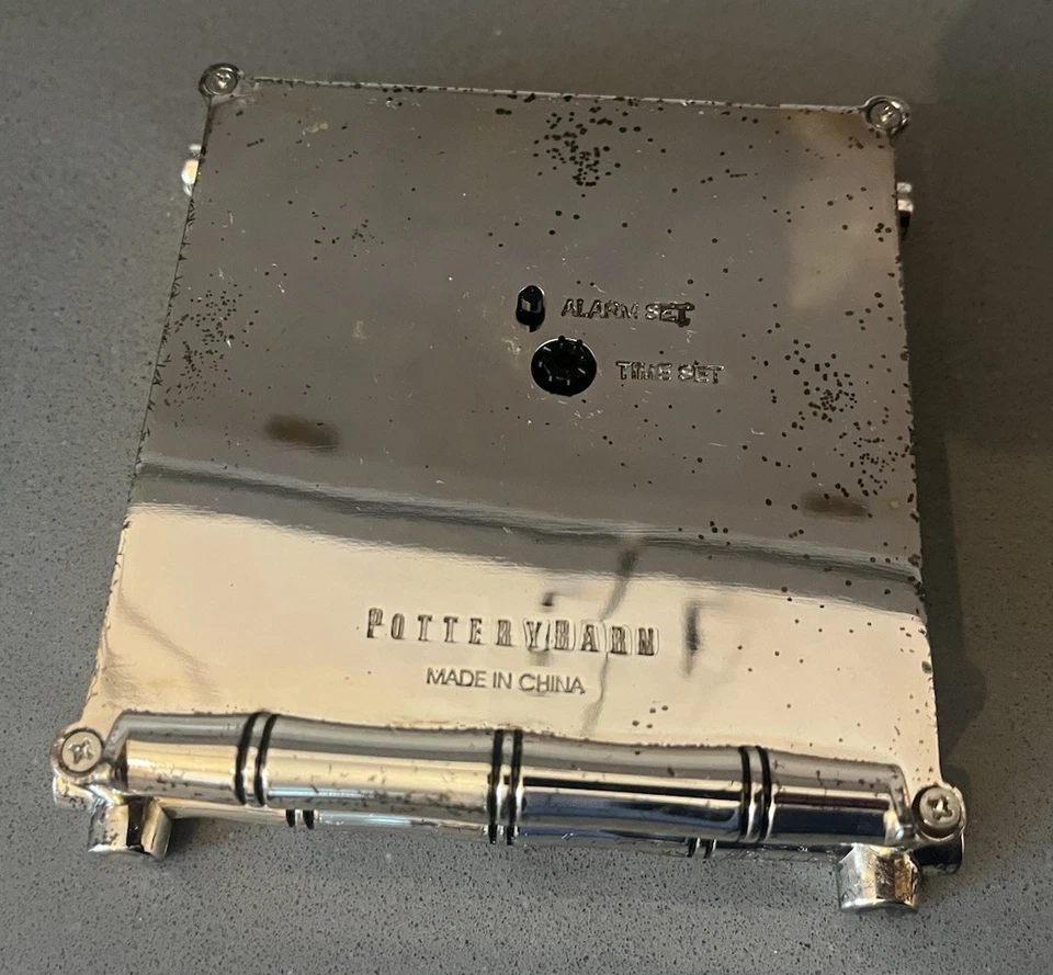 Pottery Barn Carlyle Silver Plated Bamboo Mantel Desk Clock -Green Face -Working - Image 3 of 4