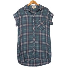 Cloth & Stone Anthropologie Shirt Dress Women S Blue Green Plaid Casual
