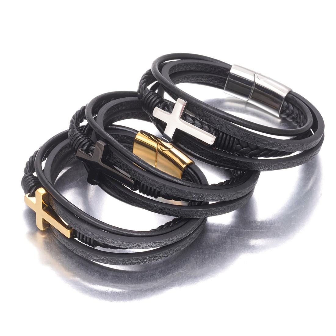 Men's Braided Christian Cross Leather Bracelet Stainless Steel