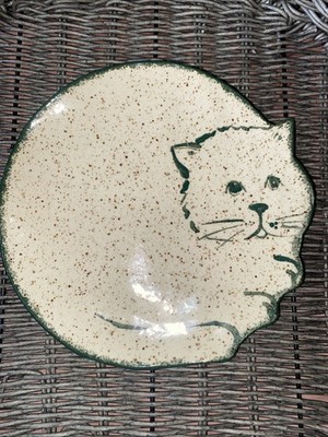Vintage Country Elm Pottery Folk Art Cat Plate Farmhouse Kitty Hand Painted