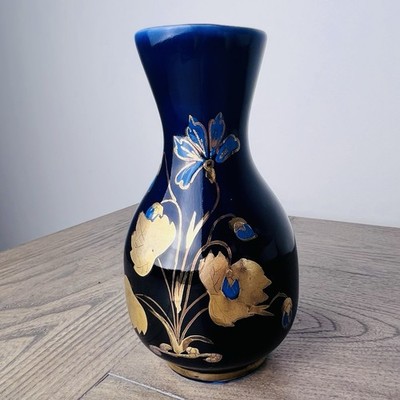 Vintage French Cobalt Blue Porcelain Vase Gold Gilt Floral 5.5  France