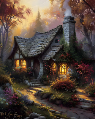 8x10 Cozy Storybook Small Cottage with Stone Pathway Art Print - 327595401