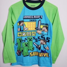 Minecraft Steve Thermal Waffle Blue Green Long Sleeve T Shirt Kids Large 12/14