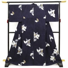 Used Hand-dyed Komon Kimono Lined Pure Silk Dark Blue Leaf Pattern Made in Japan