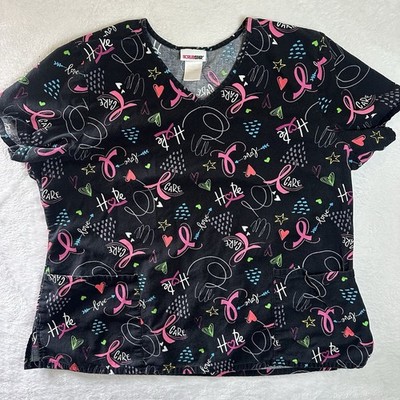 Scrubstar Women's 2XL Scrub Top Black Pink Ribbon Breast Cancer Awareness V-Neck