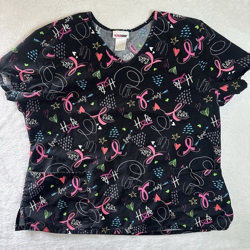 Scrubstar Women's 2XL Scrub Top Black Pink Ribbon Breast Cancer Awareness V-Neck