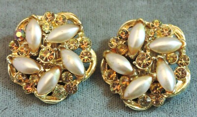 Boucles D'oreilles Vintage BSK - Perles Synthétiques, Strass, étoiles - Or Ton - Occasion