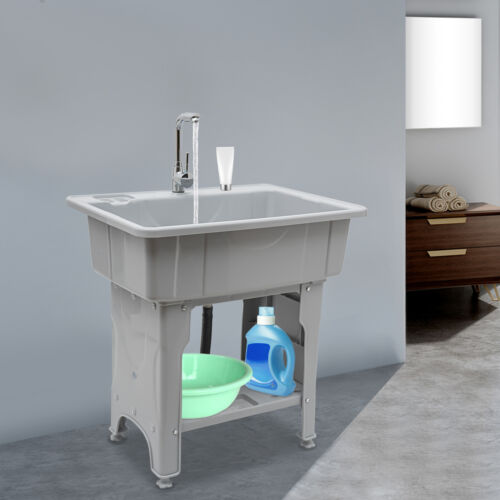 Freestanding Plastic Laundry Sink Set Grey Washing Tool With Faucet Households