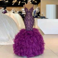 Elegant Lace Evening Dresses Gowns Purple Robe Mermaid Prom Dresses Applique