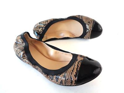 COLE HAAN US 9M Taupe Snake Print Leather Ballet Flats with Black Patent Cap Toe