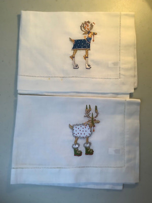 Patience Brewster Christmas TWO embroidered linen placemats COMET BLITZEN 14x20