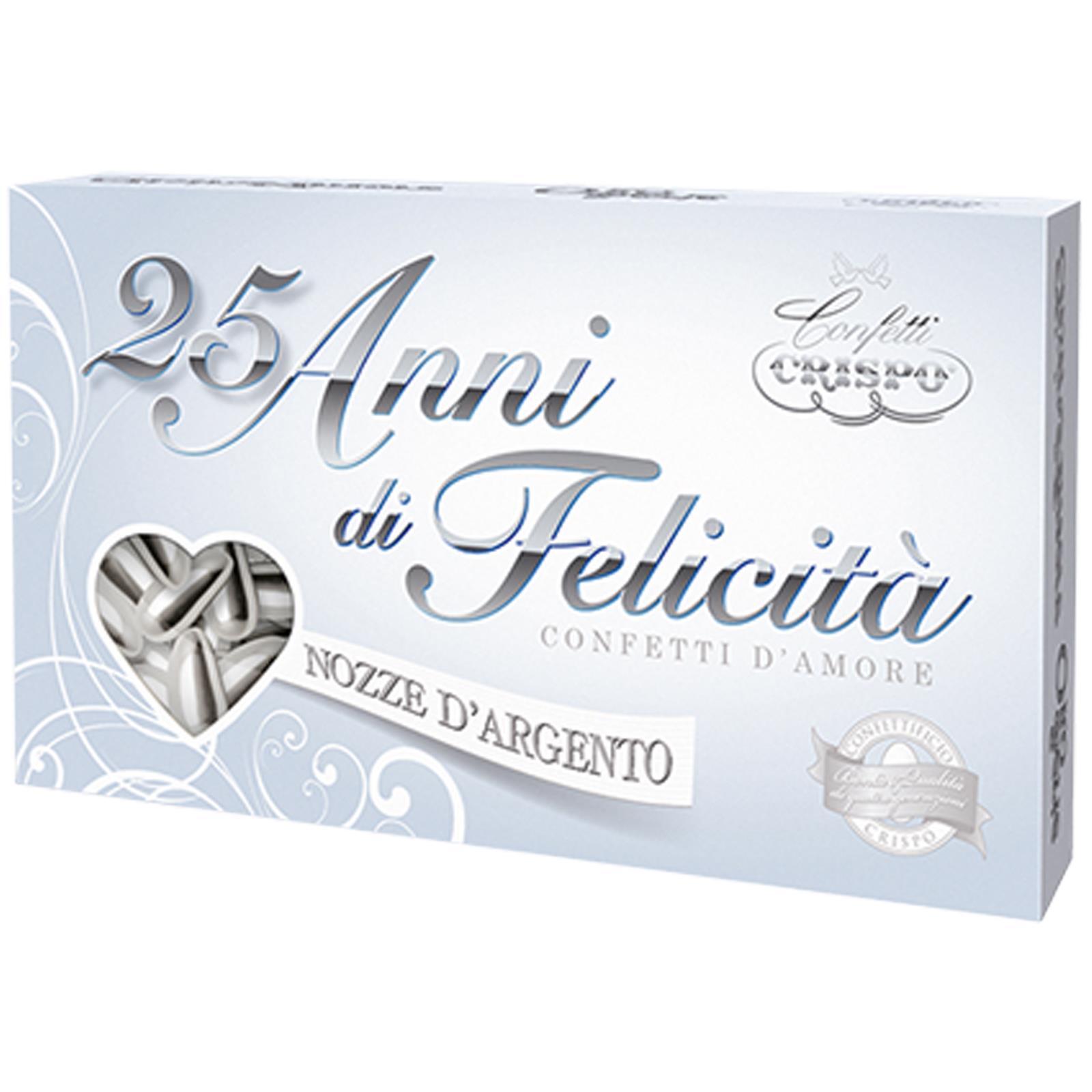 Confetti Crispo 25 Anni di Felicità Mandorla Naturale Argento Nozze 500 g