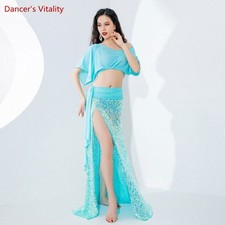 2023 Practice suit women's Belly dance yarn short sleeve top sequin skirt