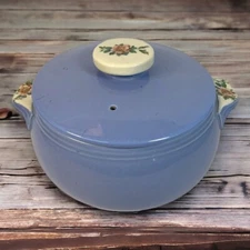 Vintage Hall China Co Kitchenware Handled Blue Casserole in Rose Parade with Lid