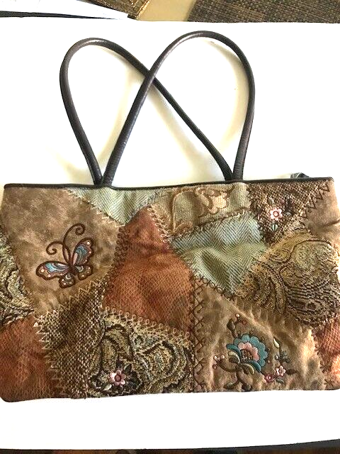 Handbag Purse Patchwork 80s Tapestry Embroidered Butterfly Floral Zip Snap Close-image