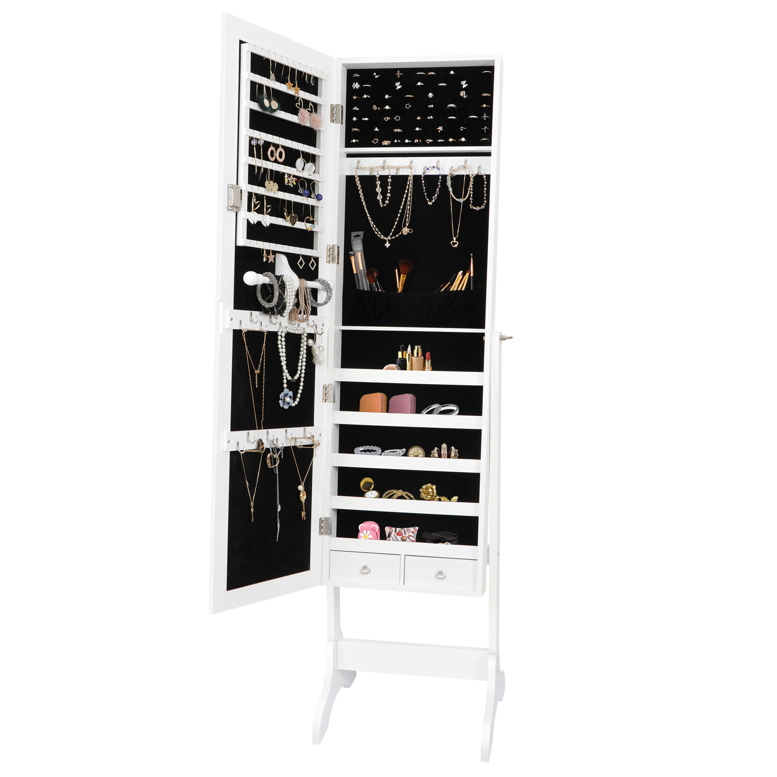 Full Length Mirror Jewelry Cabinet Armoire Storage Organizer White Free Standing