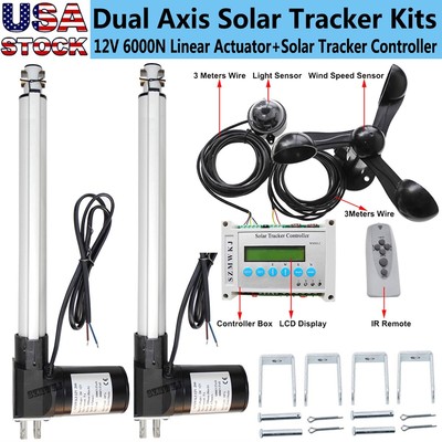 6000N Complete Dual Axis Solar Tracker&16'' Linear Actuator Controller Anemometer