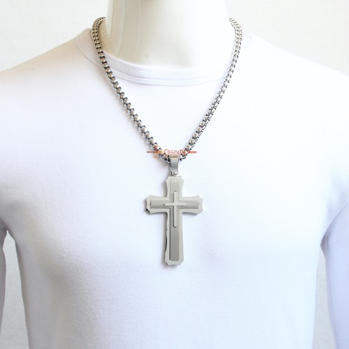 Heavy Solid Silver Stainless Steel Men Cross Necklace Pendant Franco/Rolo Chain - Picture 7 of 31