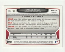 Carlos Tocci 2013 Bowman Chrome Refractor Auto 071/500 Phillies