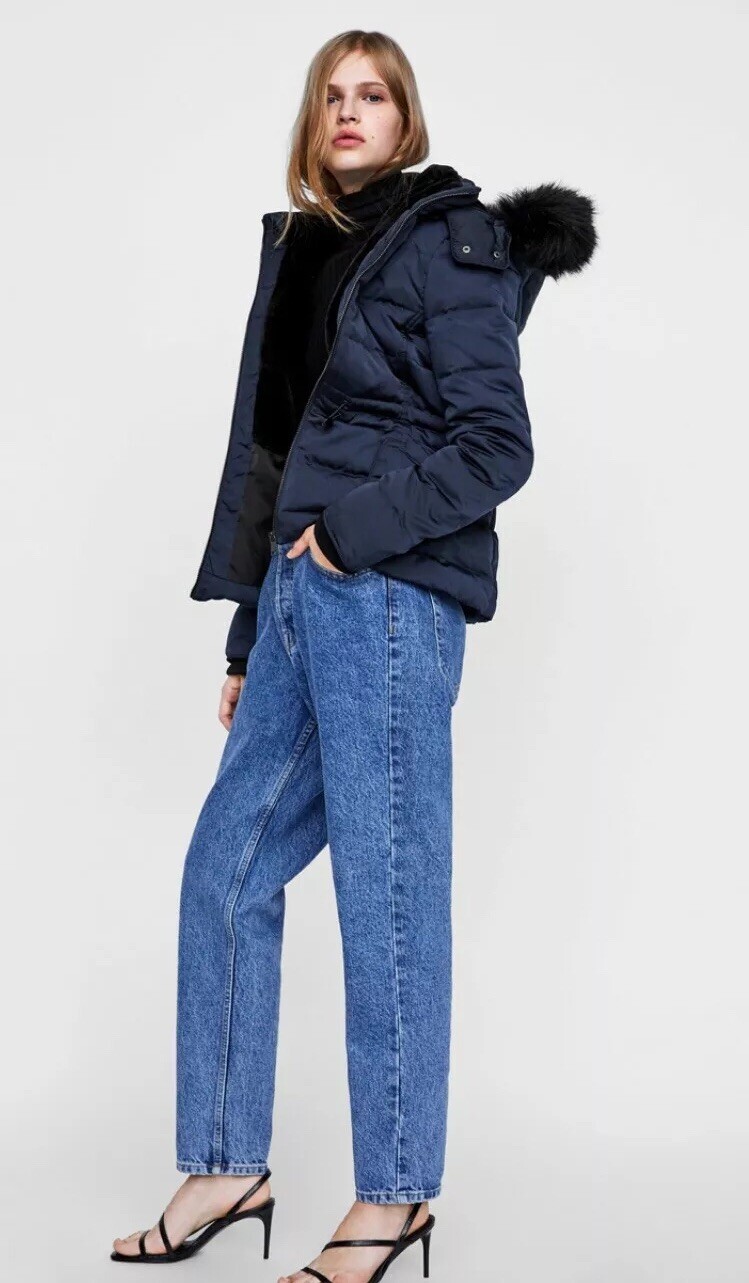 Zara Water Repellent Navy Blue Faux Fur Hooded Down Puffer Jacket Coat, Size S image 7