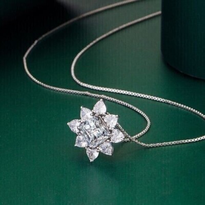 Cushion Simulated Diamond Women's Stunning Flower Pendant 14k White Gold Plated