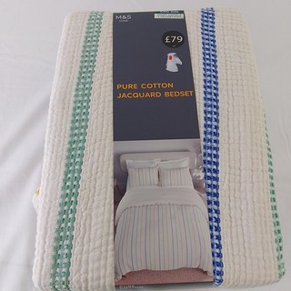 M&S Home Kingsize Pure Cotton Jacquard Bedset Waffle Gauze Blue Green RRP £79NEW