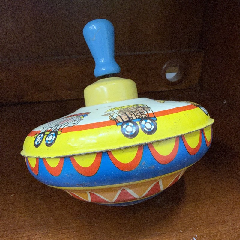 Vintage Tin Toy Spinning Top with Circus Animals by Ohio Art ~ Works Well